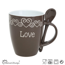 Brown Glazing with Silk Screen Word Mug with Spoon